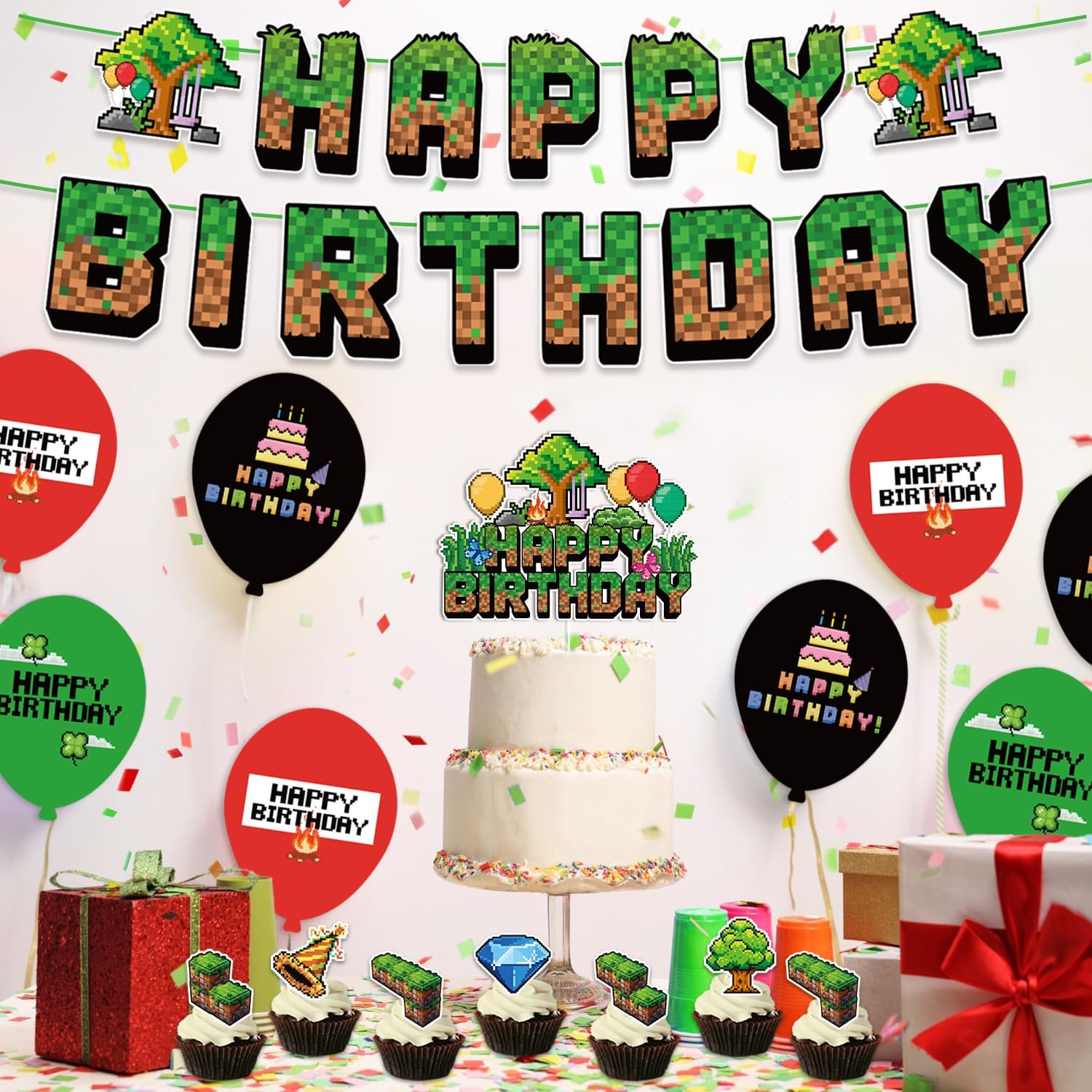 Green and Brown Gaming Birthday Party Decorations 32pcs