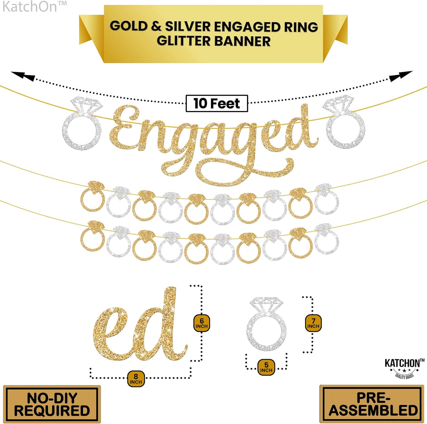 KatchOn Gold and Silver Glitter Engagement Banner - 10 Feet 2 Strings No DIY