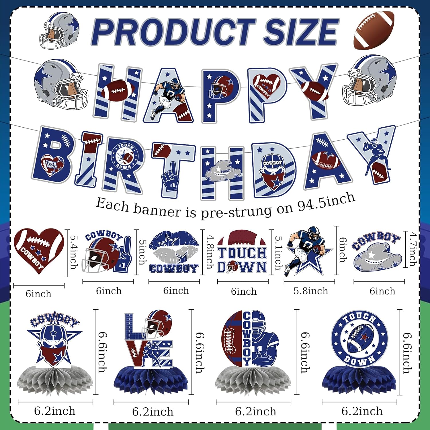 Cowboy Birthday Decorations 12 Piece Blue Football Banners Set