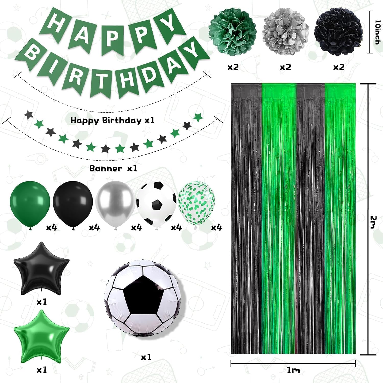 Soccer Party Decor Set Green Black Balloons and Tissue Poms