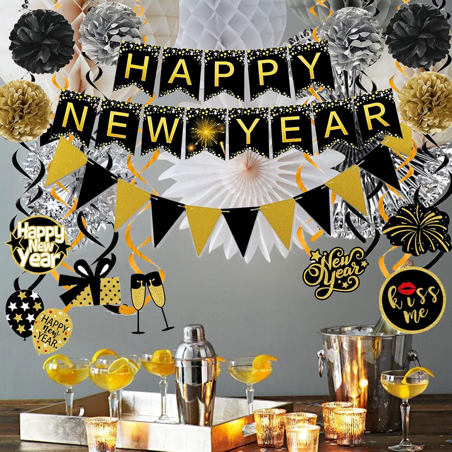 Happy New Year Banner Triangle Flag with Pom Poms and Swirls Garland