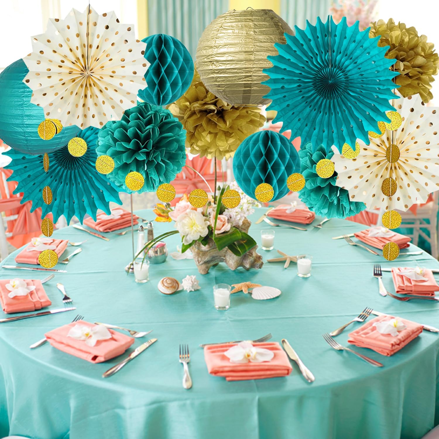 Teal Gold Party Decorations Tissue Pom Poms Garland Fans Lanterns