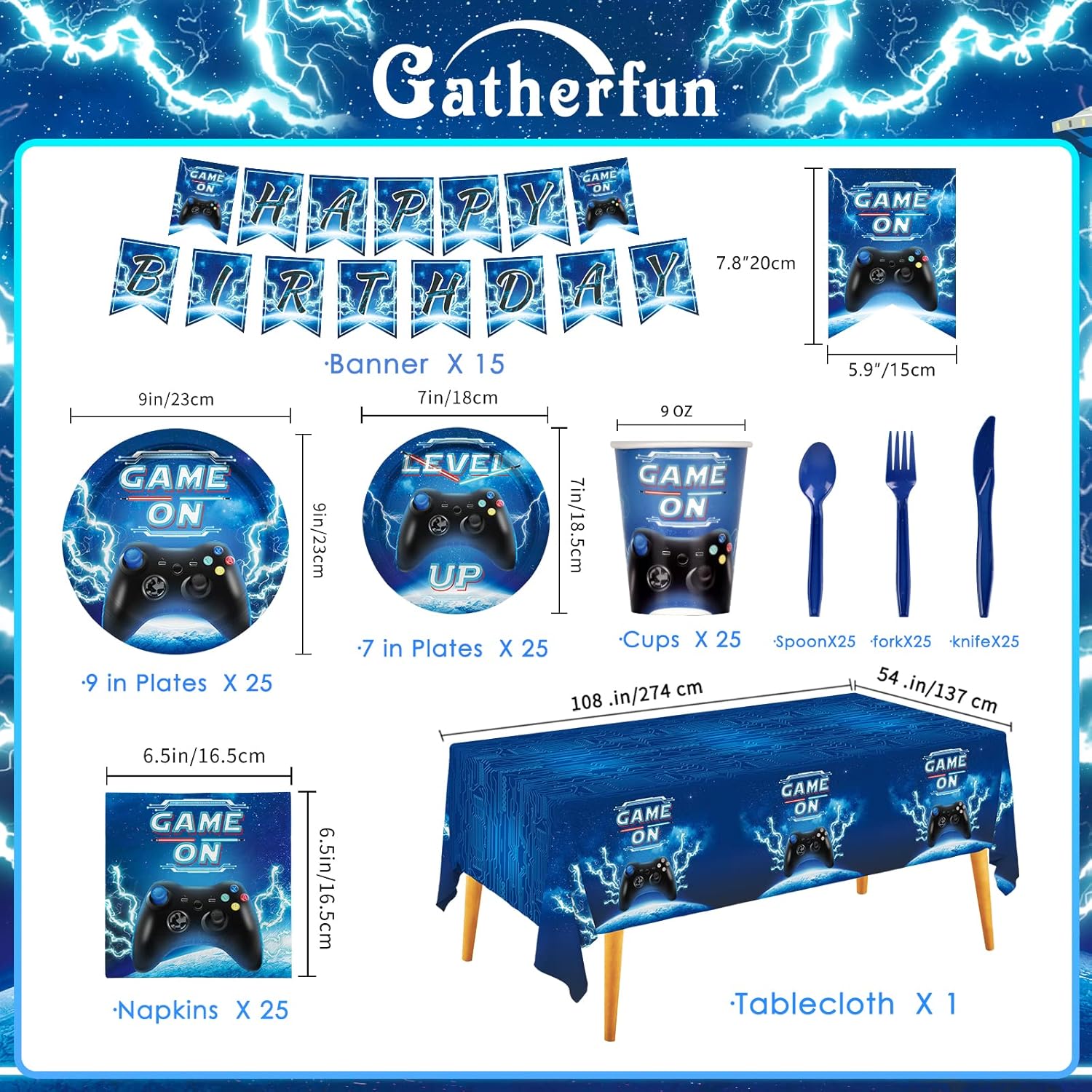 Video Game Party Kit for 25 Includes Plates Cups Cutlery Tablecloth Banner