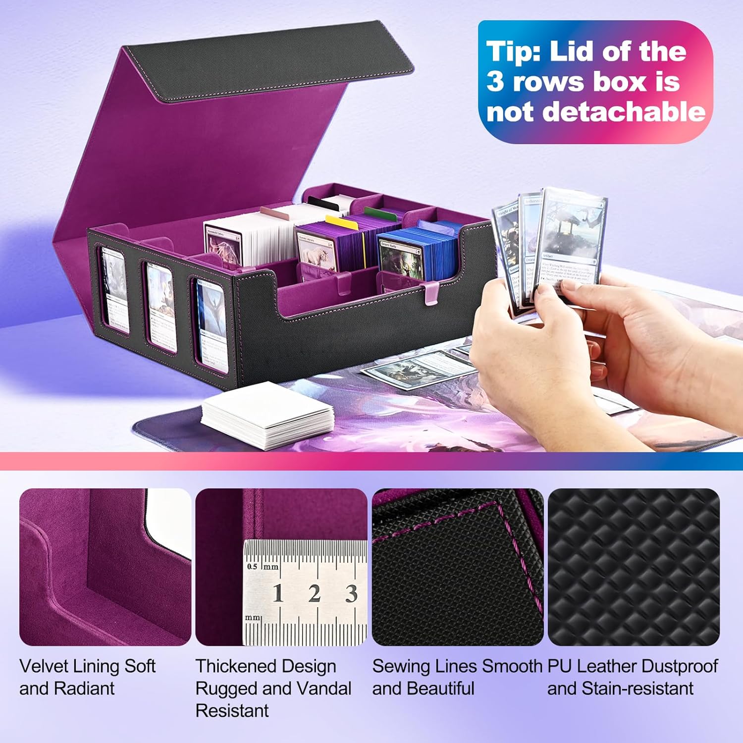 UAONO Card Storage Box with Display Window and 10 Dividers - Black Purple