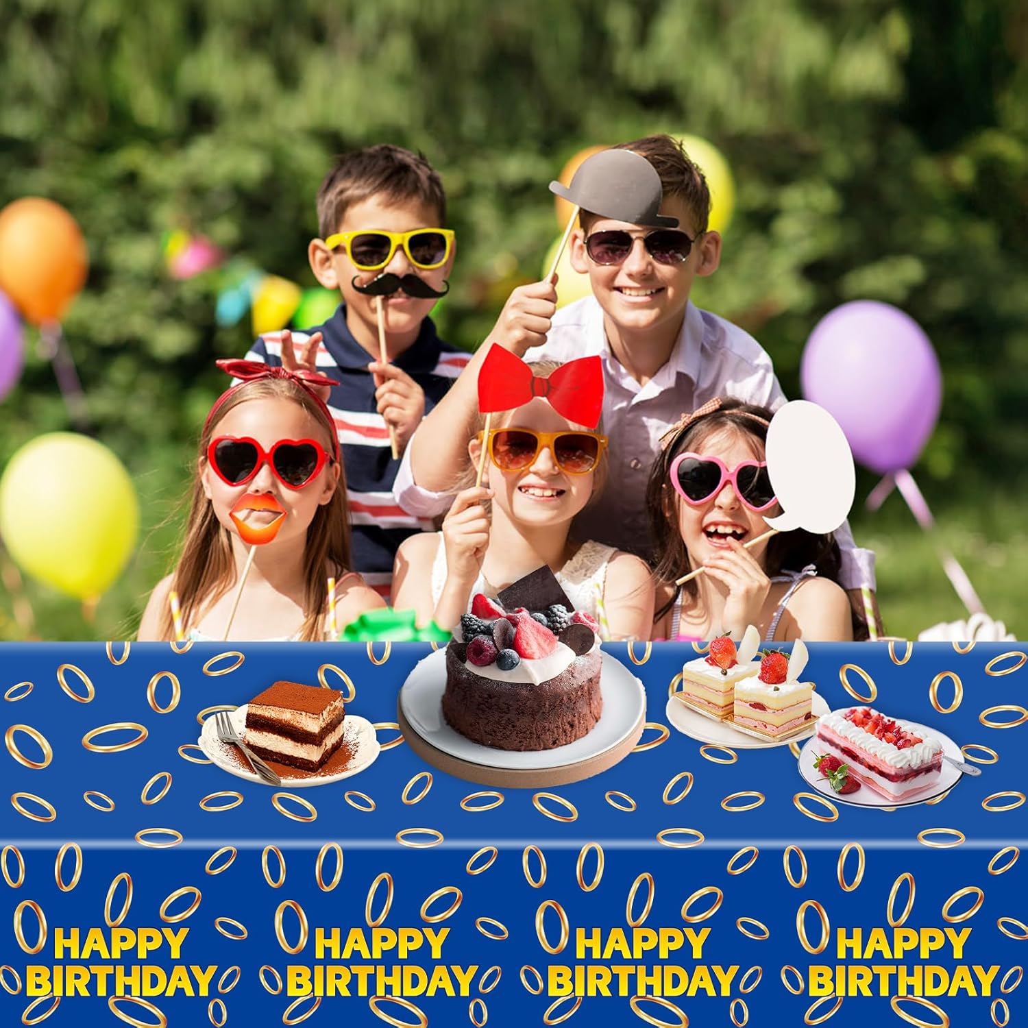 3 Pcs Blue with Gold Ring Print Tablecloth for Birthday Parties