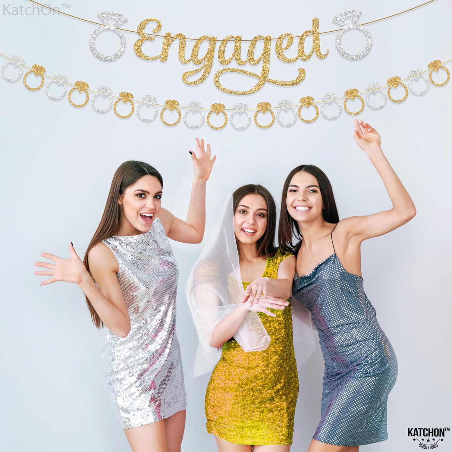 KatchOn Gold and Silver Glitter Engagement Banner - 10 Feet 2 Strings No DIY