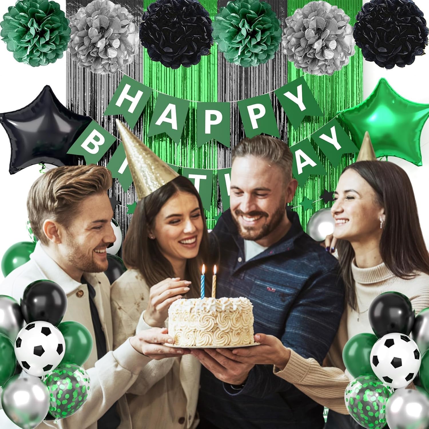 Soccer Party Decor Set Green Black Balloons and Tissue Poms