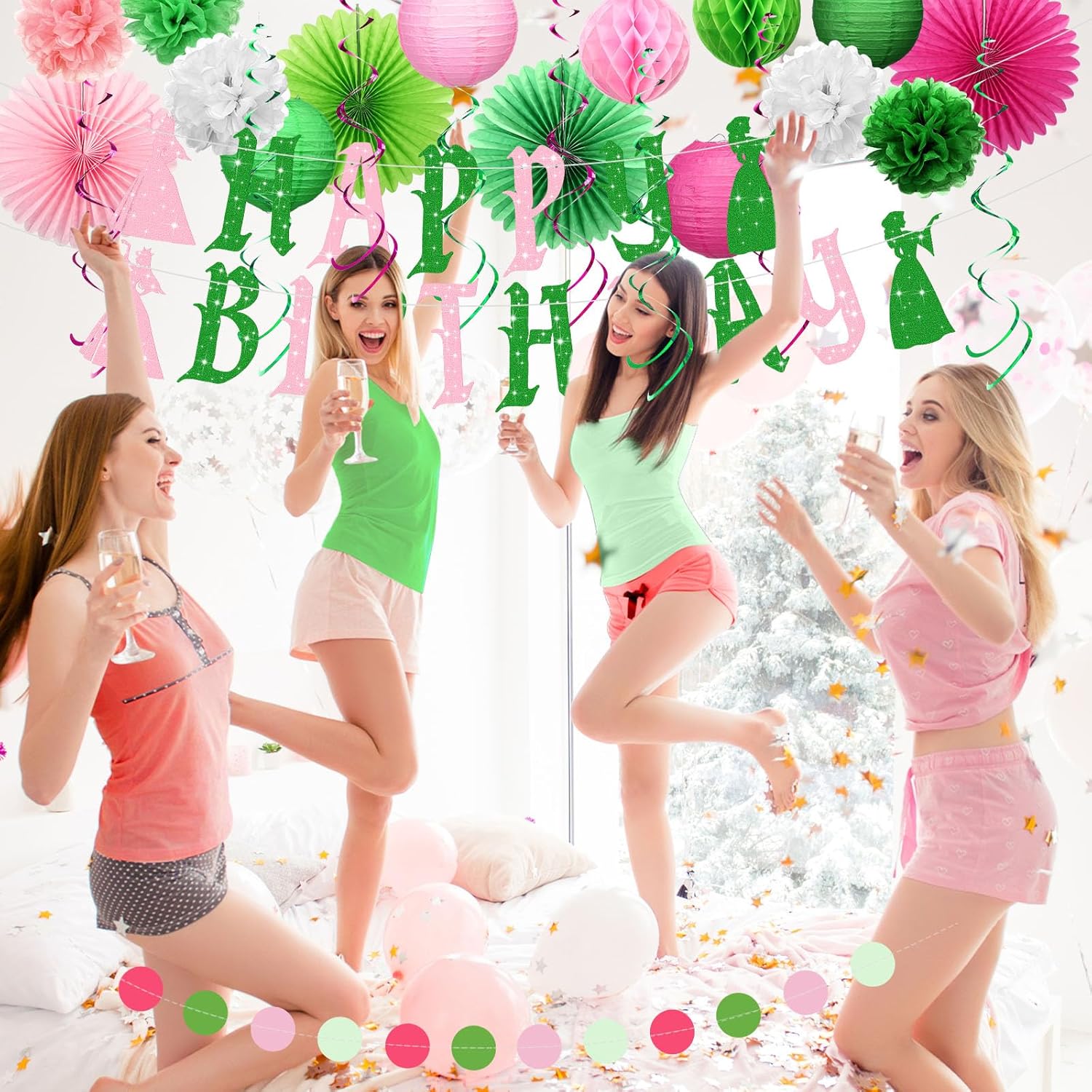 Pink and Green Witch Birthday Decorations Set of 28