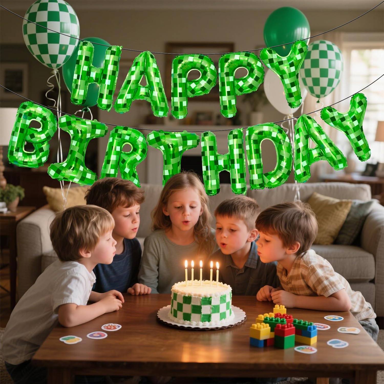 Pixel Themed Happy Birthday Banner Decor Kit with Balloons