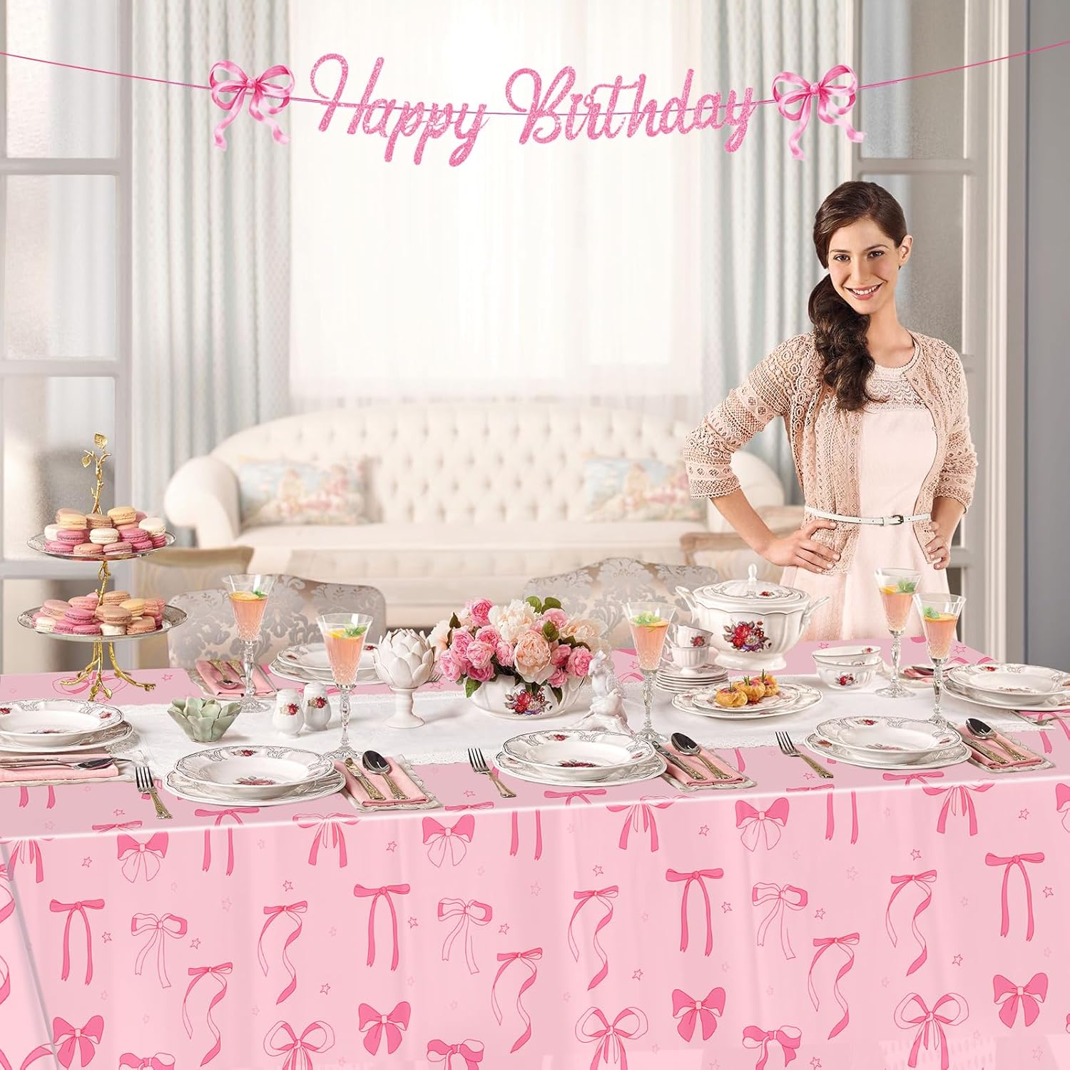 PHOGARY Pink Bow Tablecloths 3PCS for Birthday Party