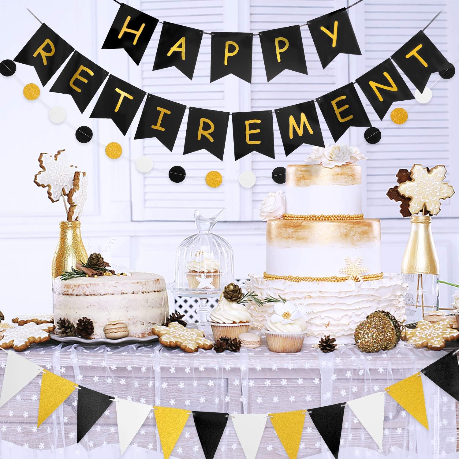 Happy Retirement Banner Black Gold Decorations Kit