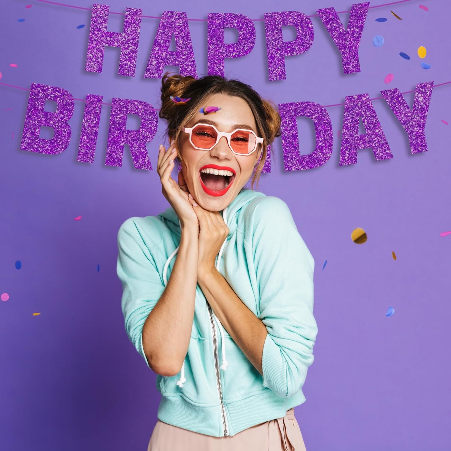 Pre-Strung Purple Glitter Happy Birthday Banner for Girls Women