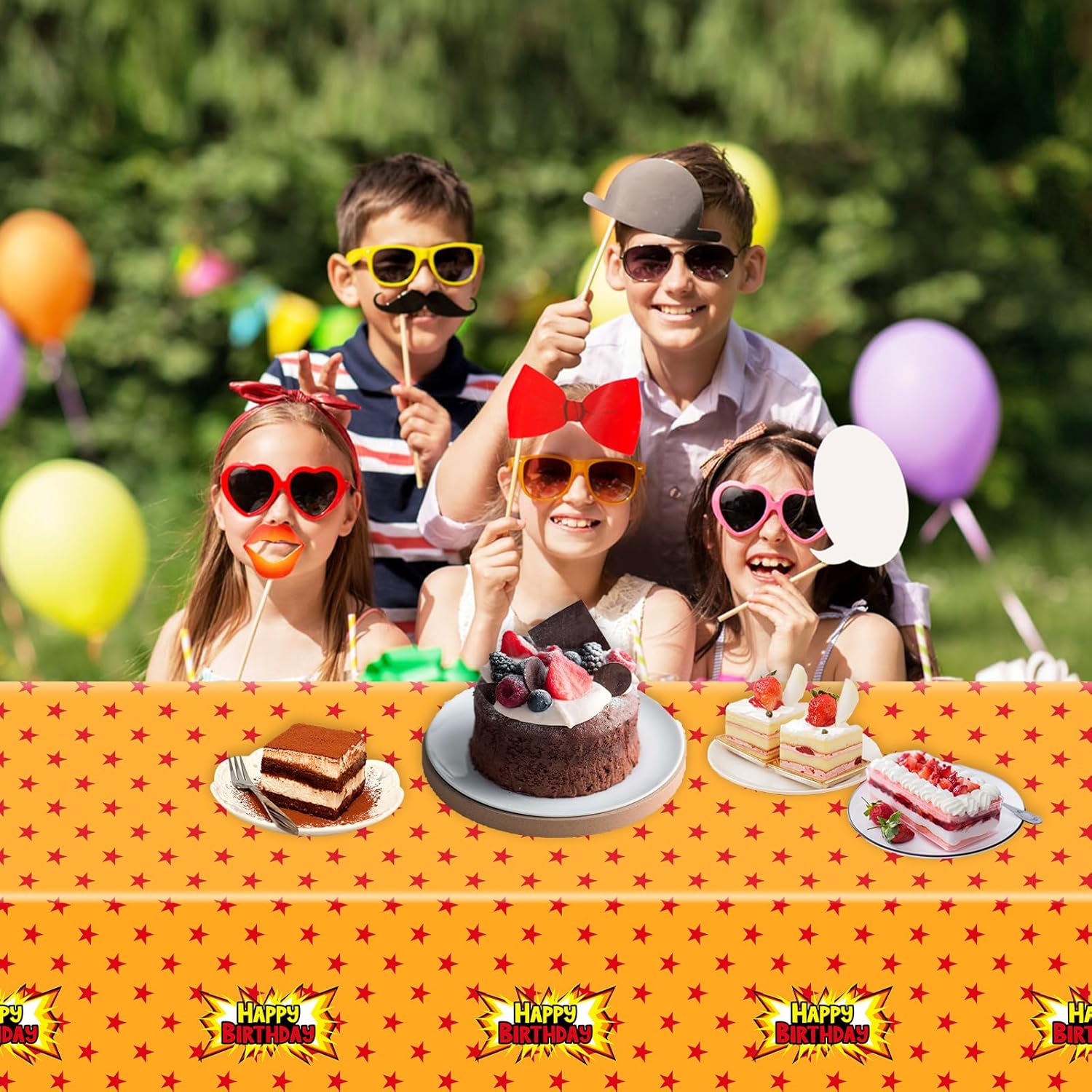 3Pcs Anime Party Tablecloth Yellow Red Stars Print