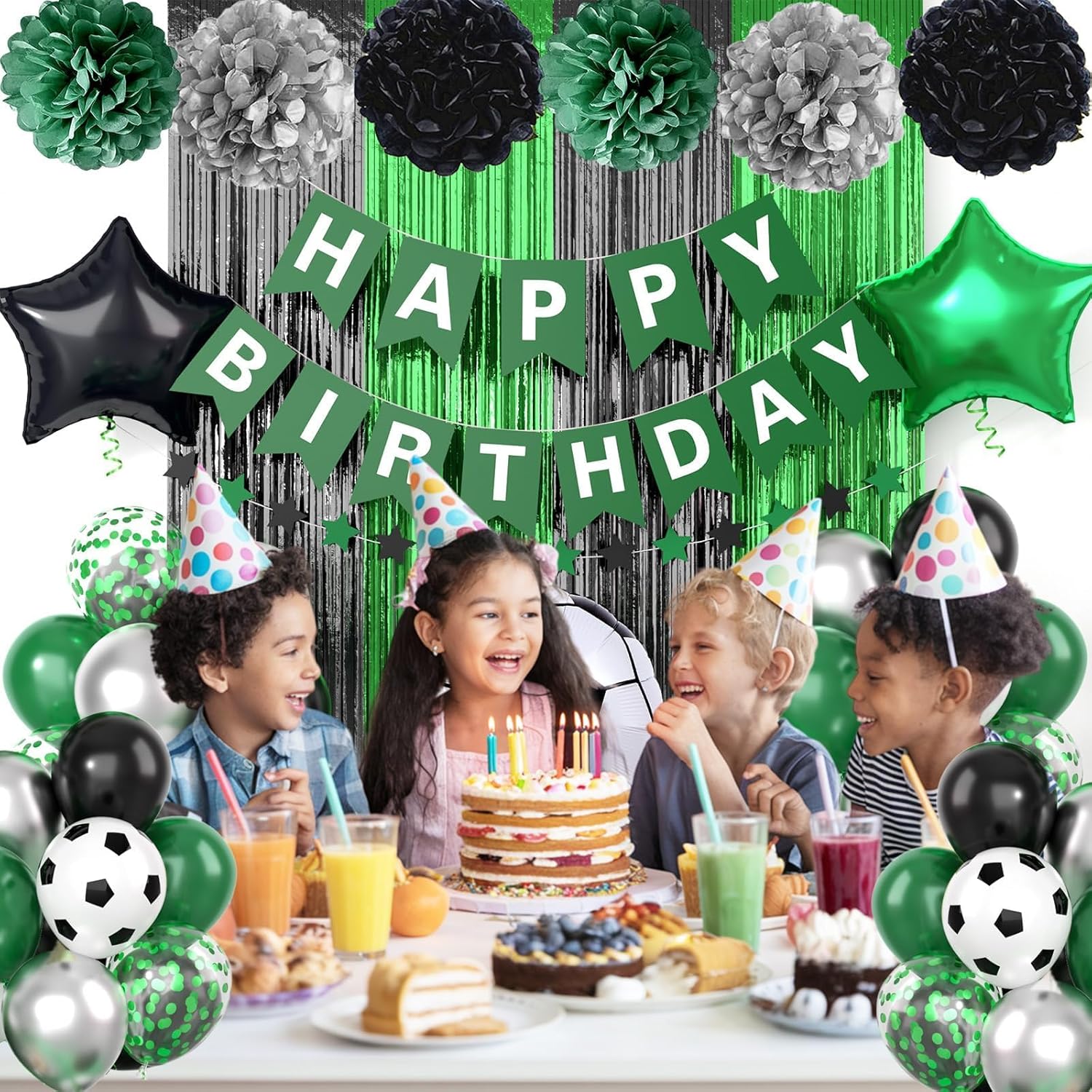 Soccer Party Decor Set Green Black Balloons and Tissue Poms
