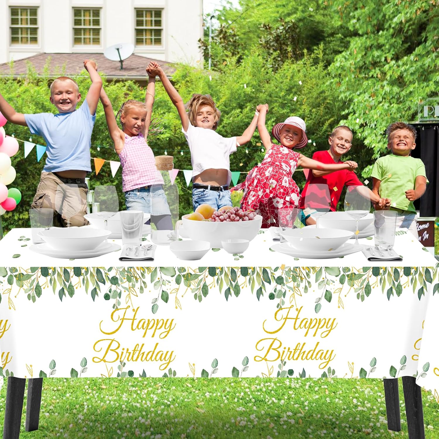 3 Pack Sage Green Glitter Tablecloths with Happy Birthday Text