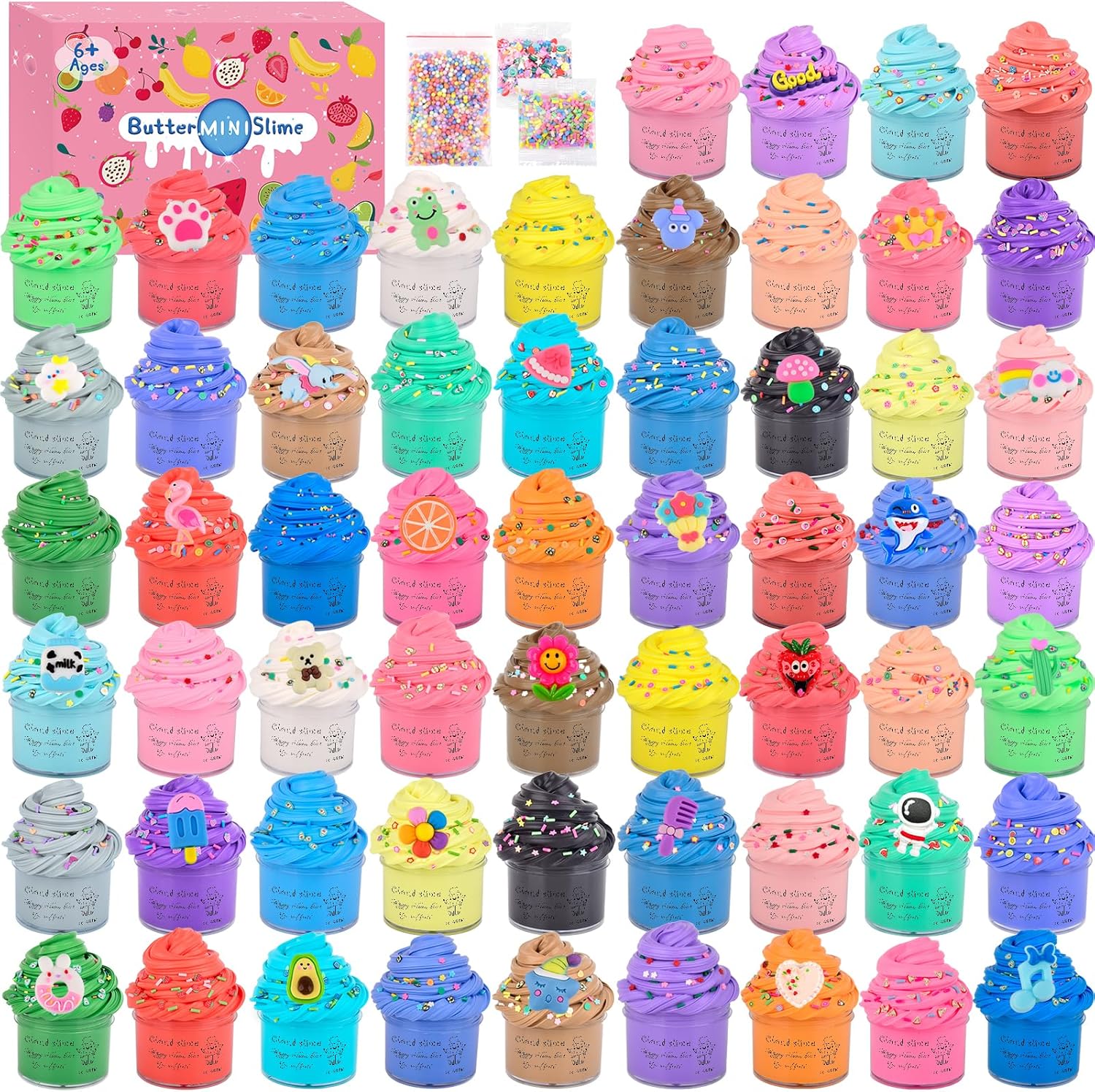 58 Pack Mini Slime Kit with Cute Charms and Stickers
