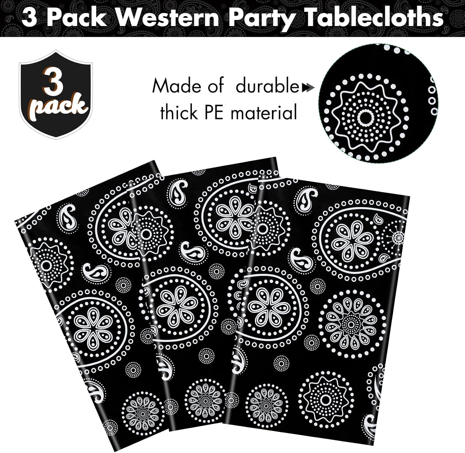 Tatuo Western Party Tablecloth Bandana Plastic Cover 108x54 Inches 3 Pack