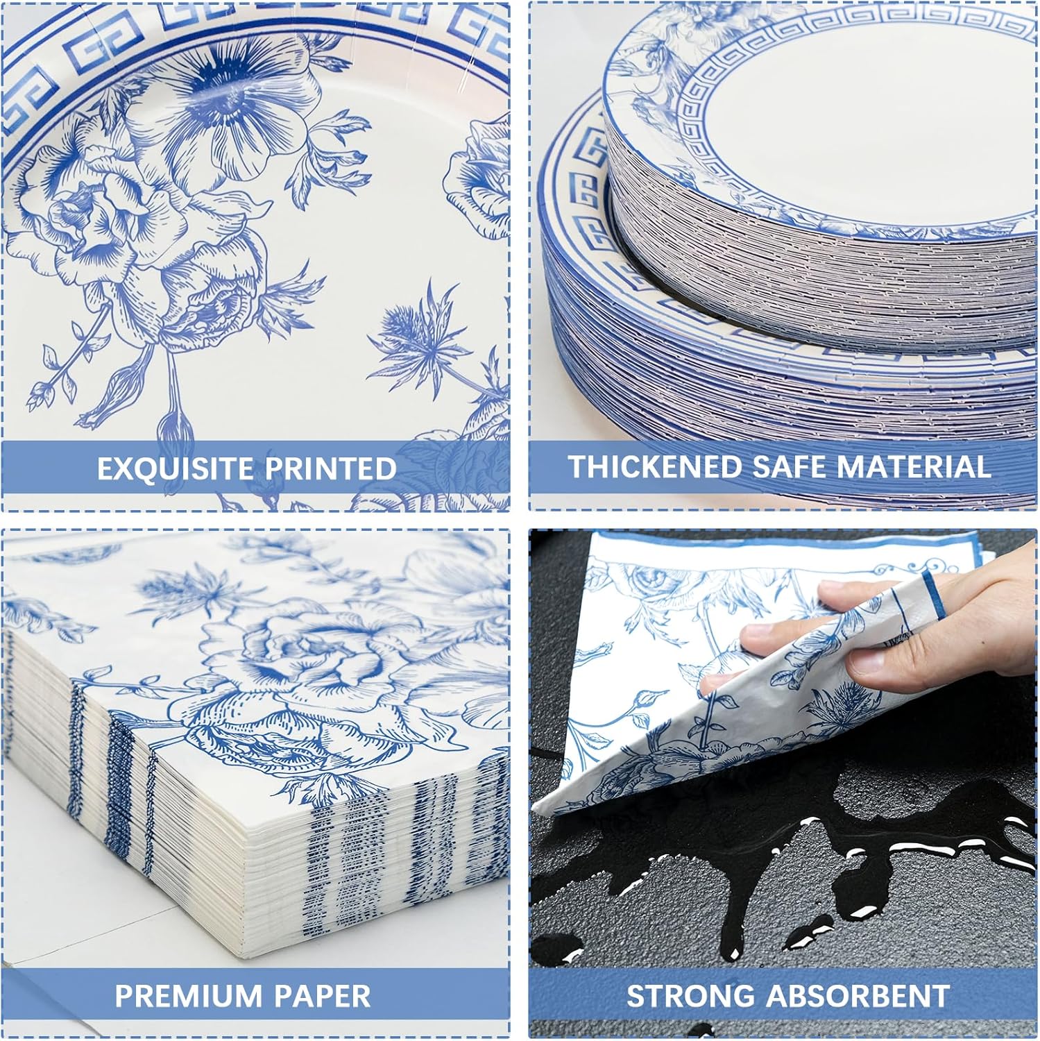 180PCS Blue White Floral Party Supplies Serve 60