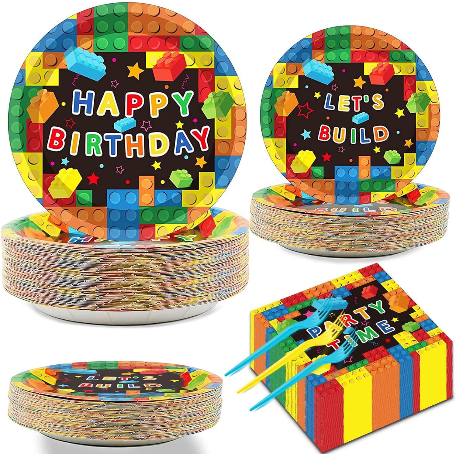 200 Pcs Building Block Party Plates Napkins Forks Set