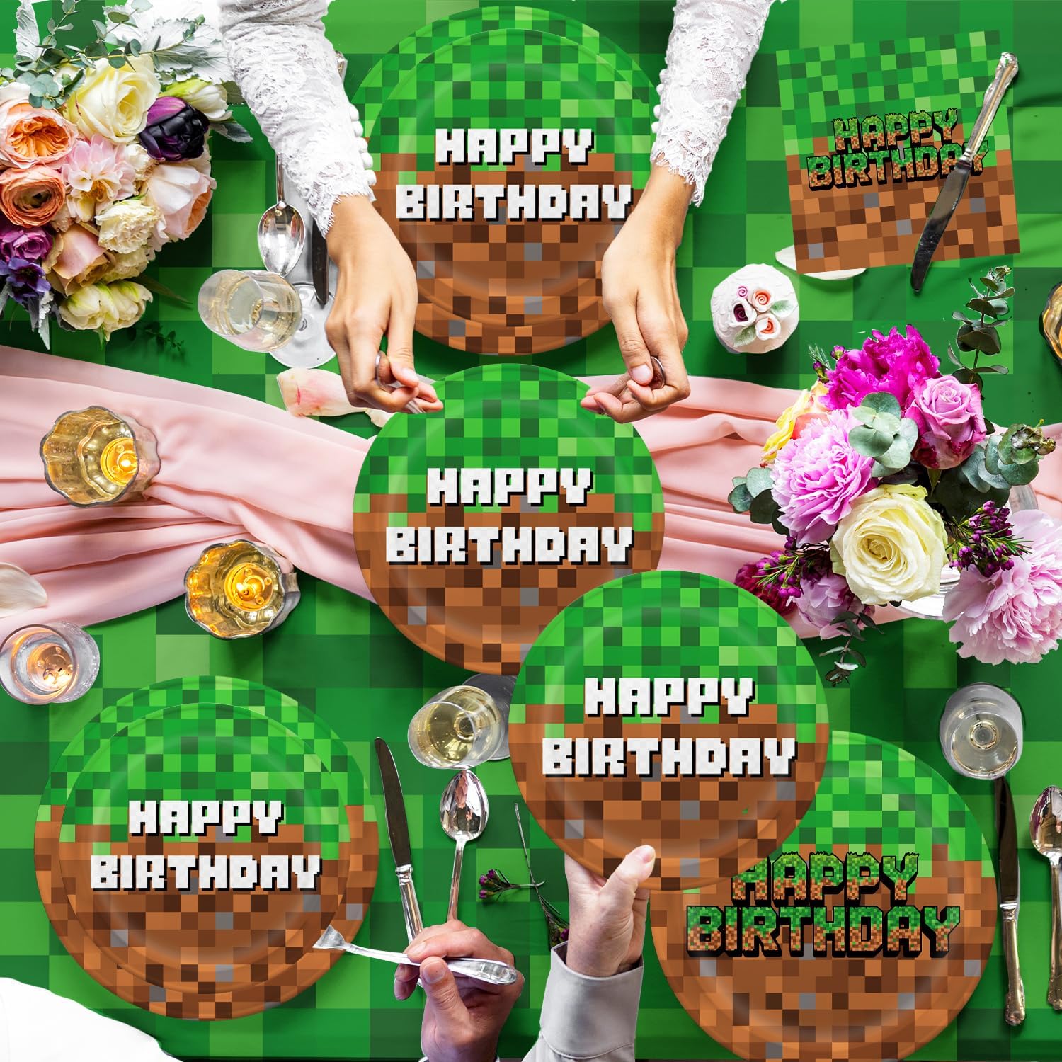 Green and Brown Video Game Birthday Party Decor Set 104Pcs