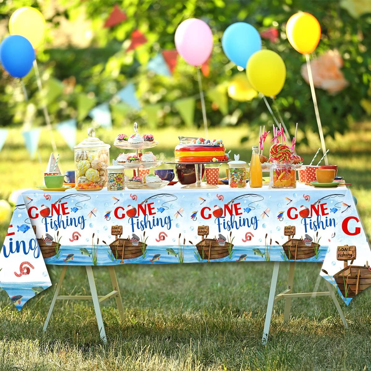 GREHUMOR 3Pcs Gone Fishing Tablecloth for Party Decorations