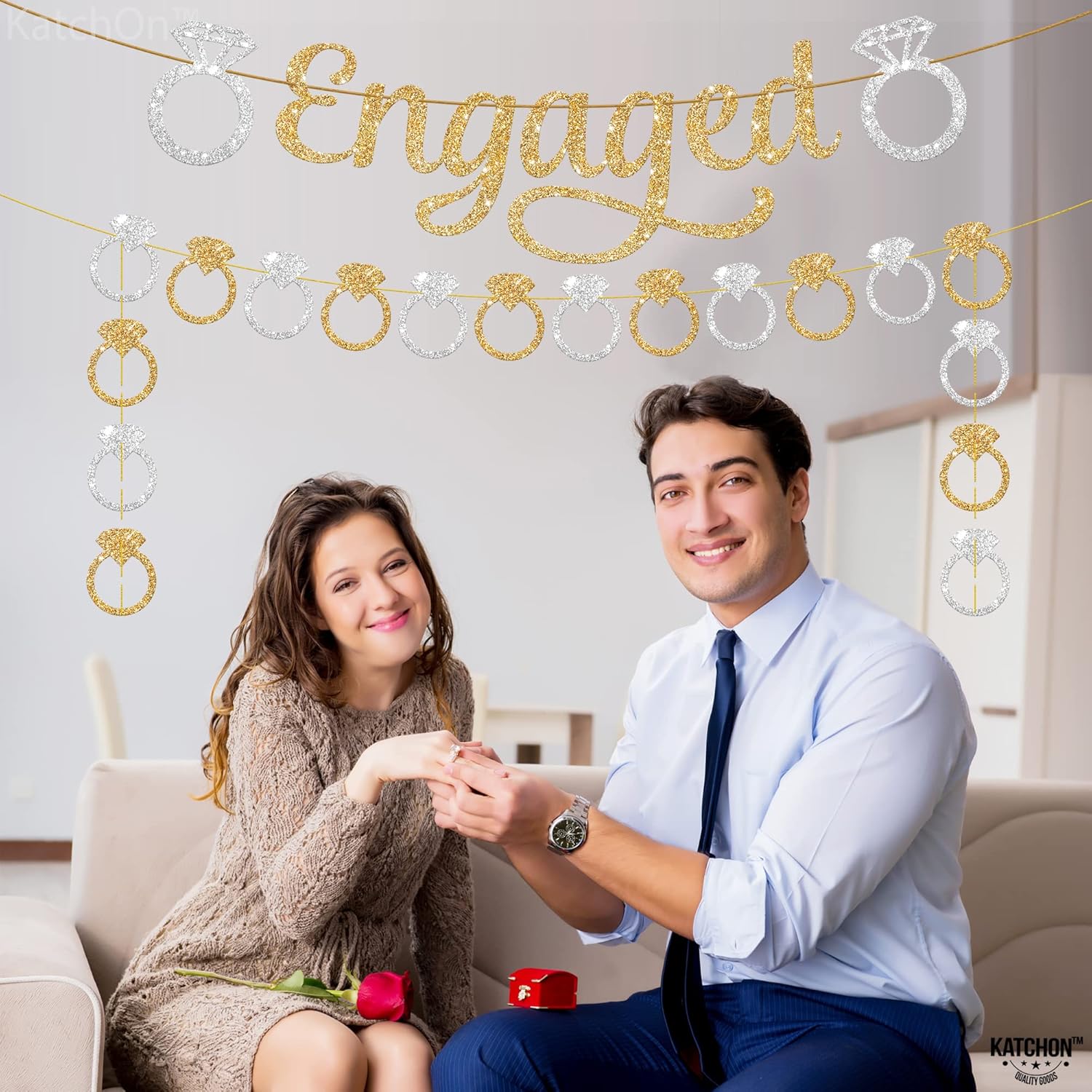 KatchOn Gold and Silver Glitter Engagement Banner - 10 Feet 2 Strings No DIY