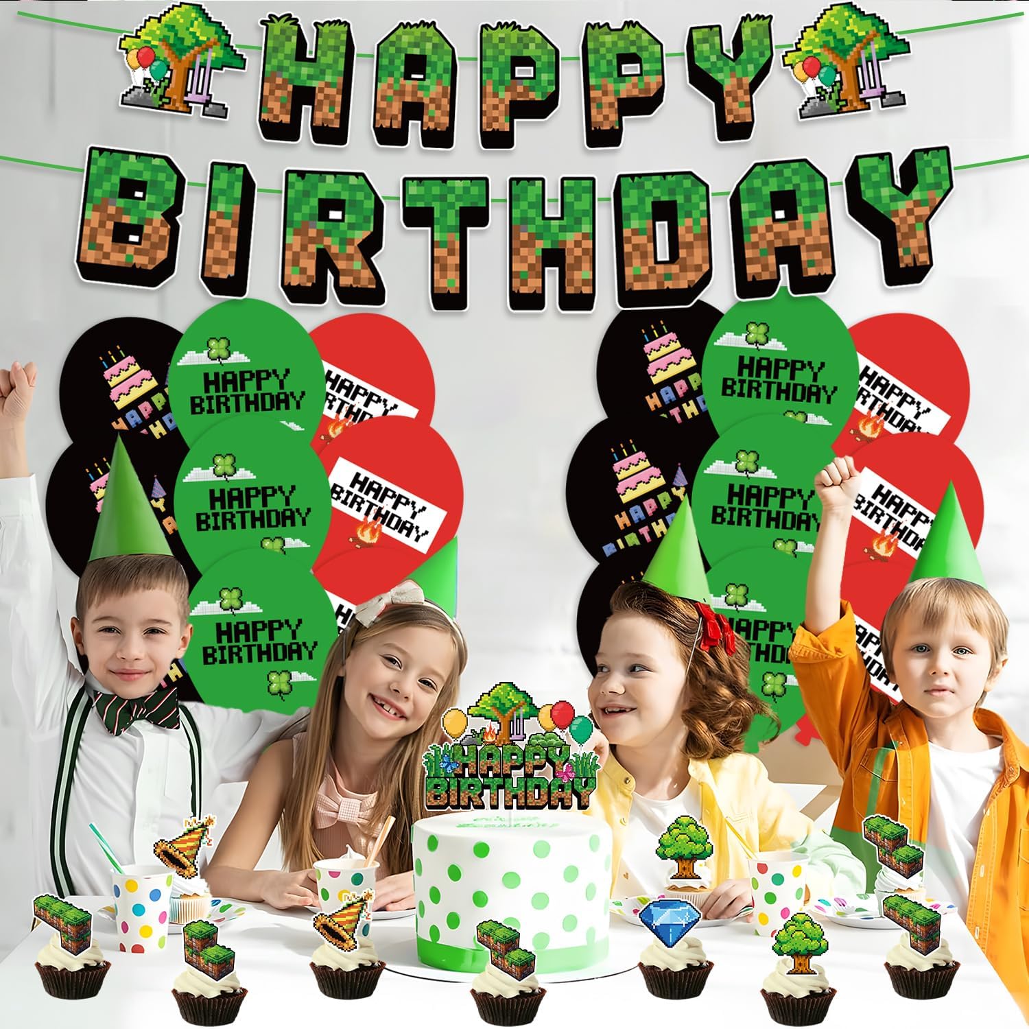 Green and Brown Gaming Birthday Party Decorations 32pcs