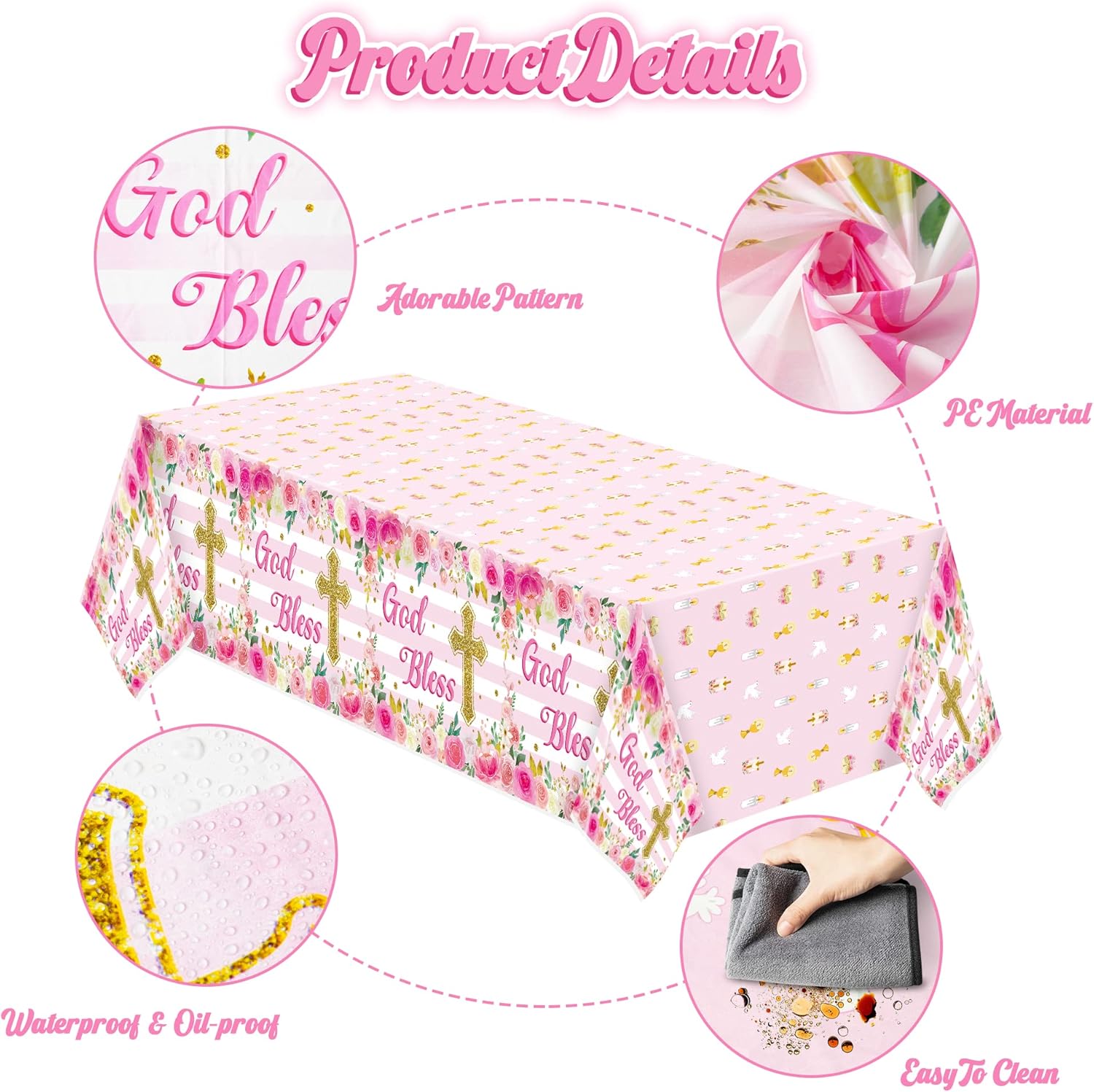 Baby Girl Baptism Tablecloths 3-Pack Pink Decor