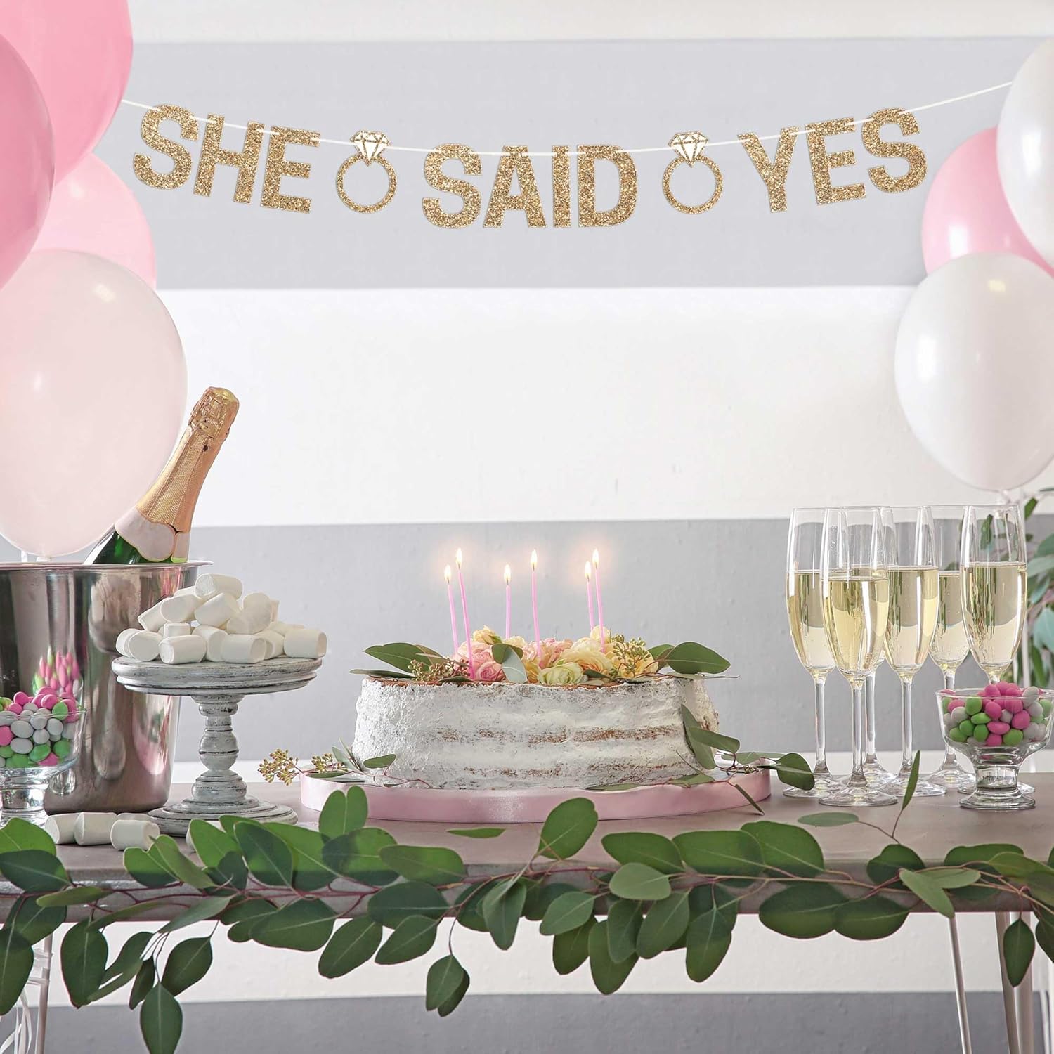 Gold Glitter She Said Yes Pre-Strung Banner - No DIY