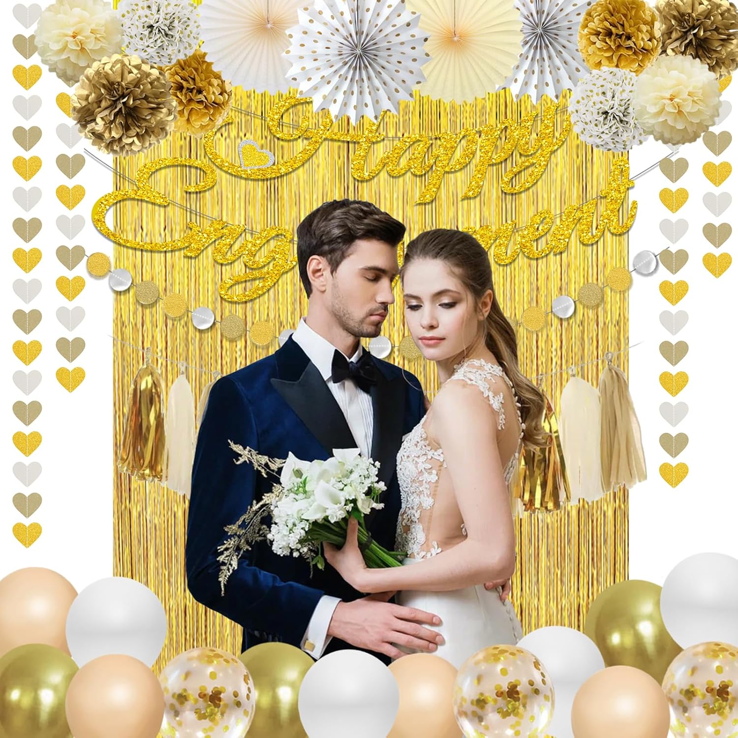 Gold Engagement Party Decorations with Happy Banner and Lanterns