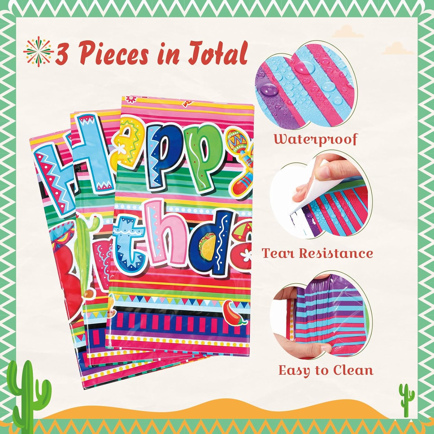 3 Pcs Mexican Fiesta Tablecloths for Party Decorations
