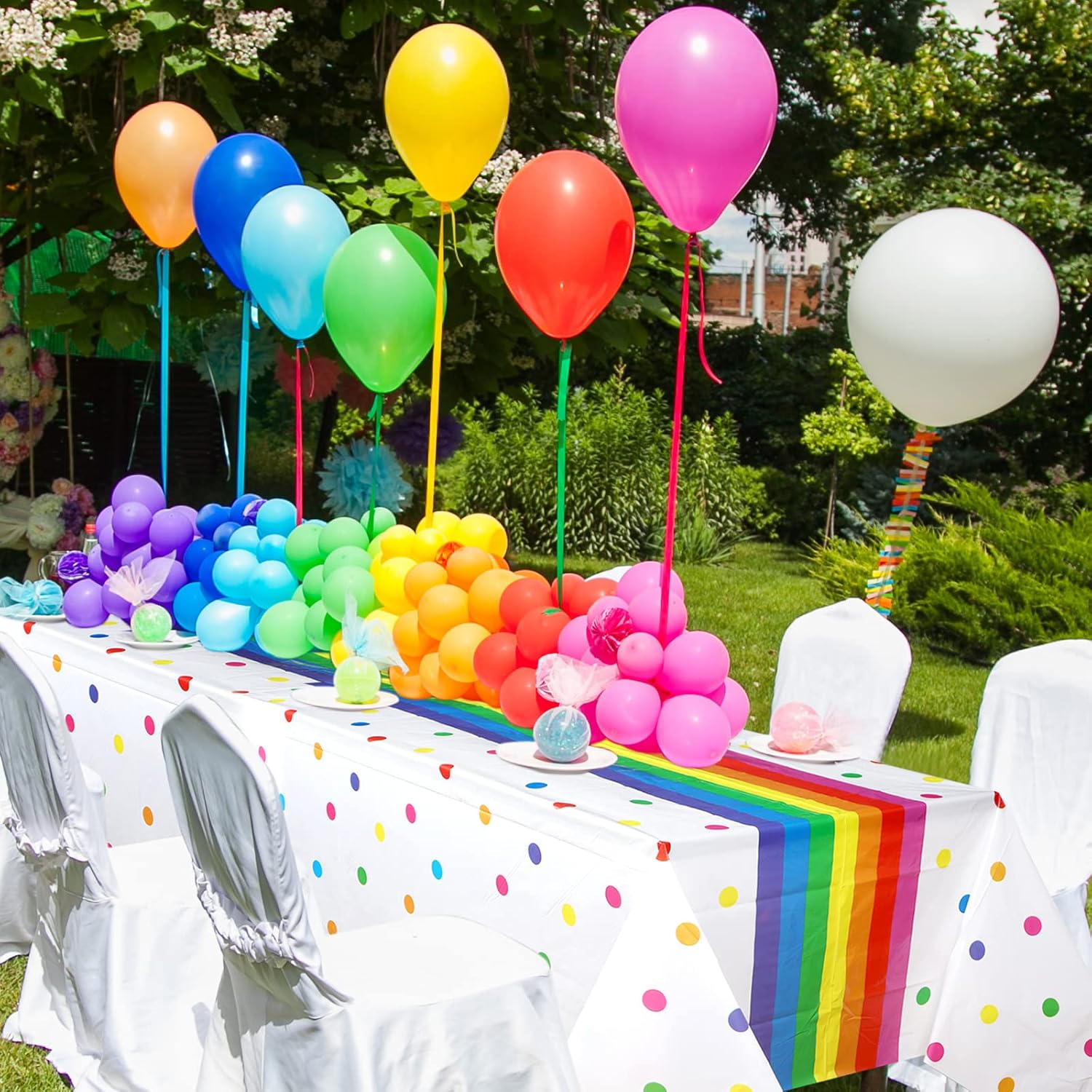 Irenare Rainbow Polka Dot Plastic Tablecloth Set 6 Pcs 54x108 Inch
