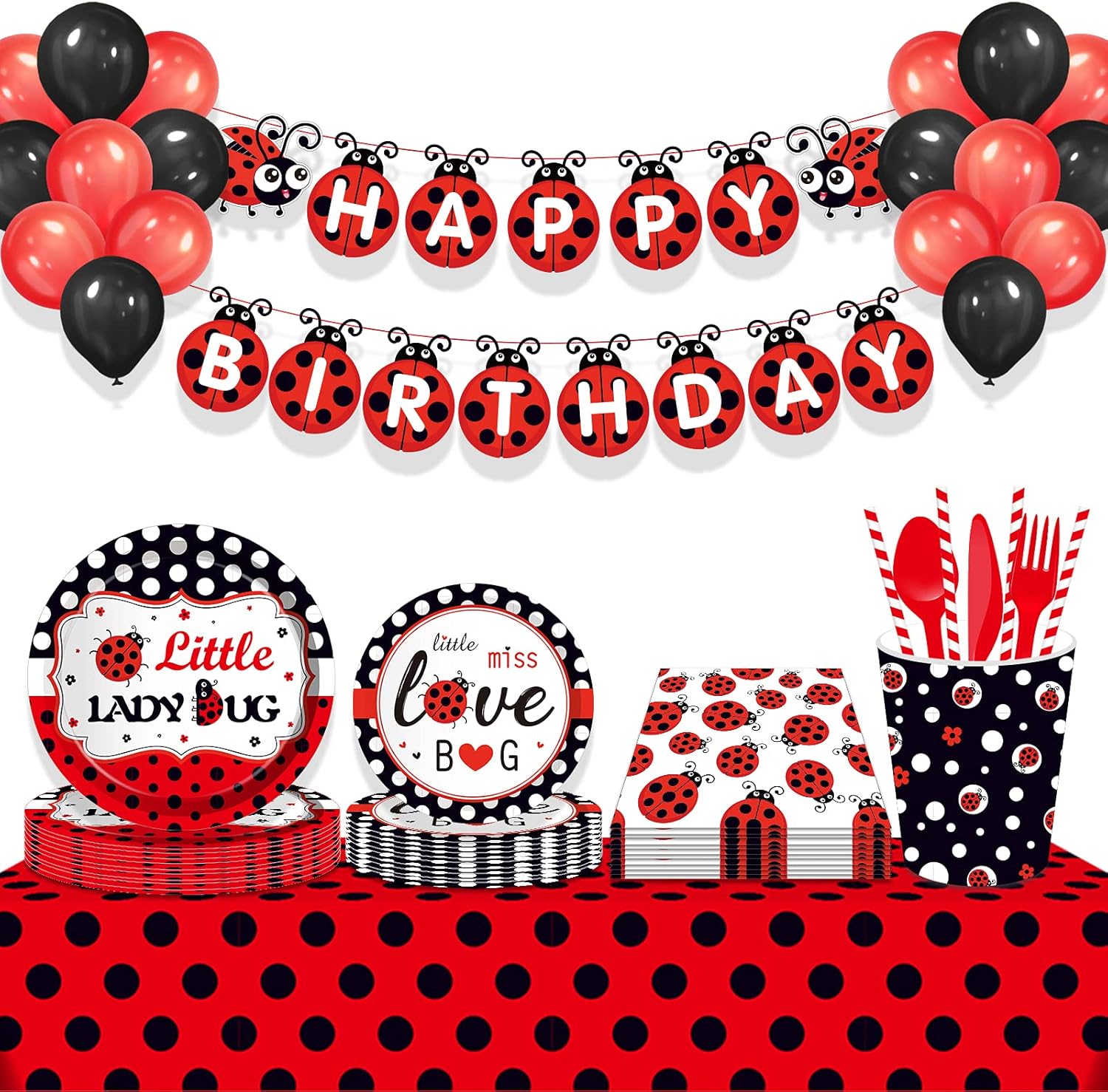 141 PCS Ladybug Birthday Party Supplies - Disposable Tableware for 16 Guests