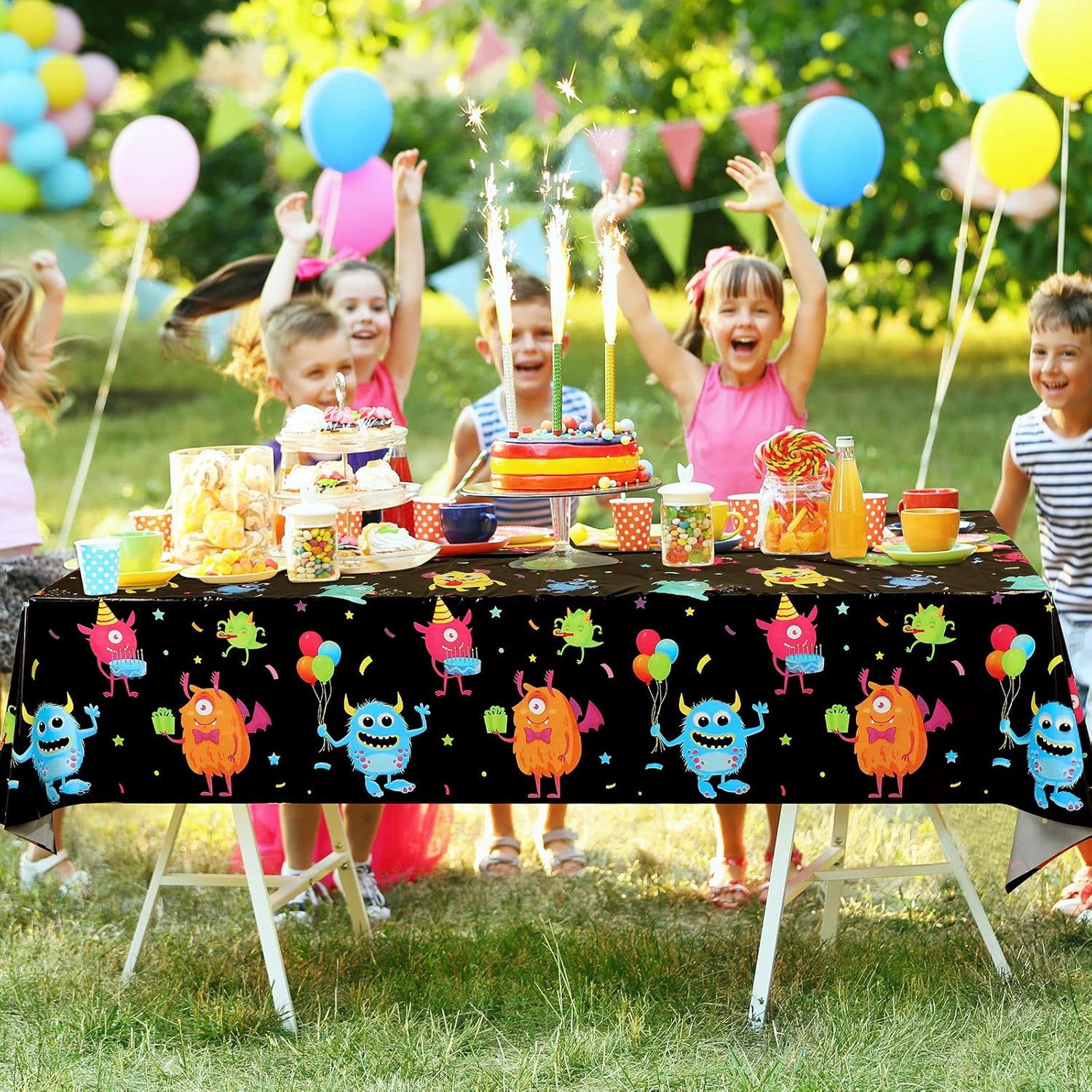 Buryeah 3 Piece Monster Table Cover for Kids Birthday Party