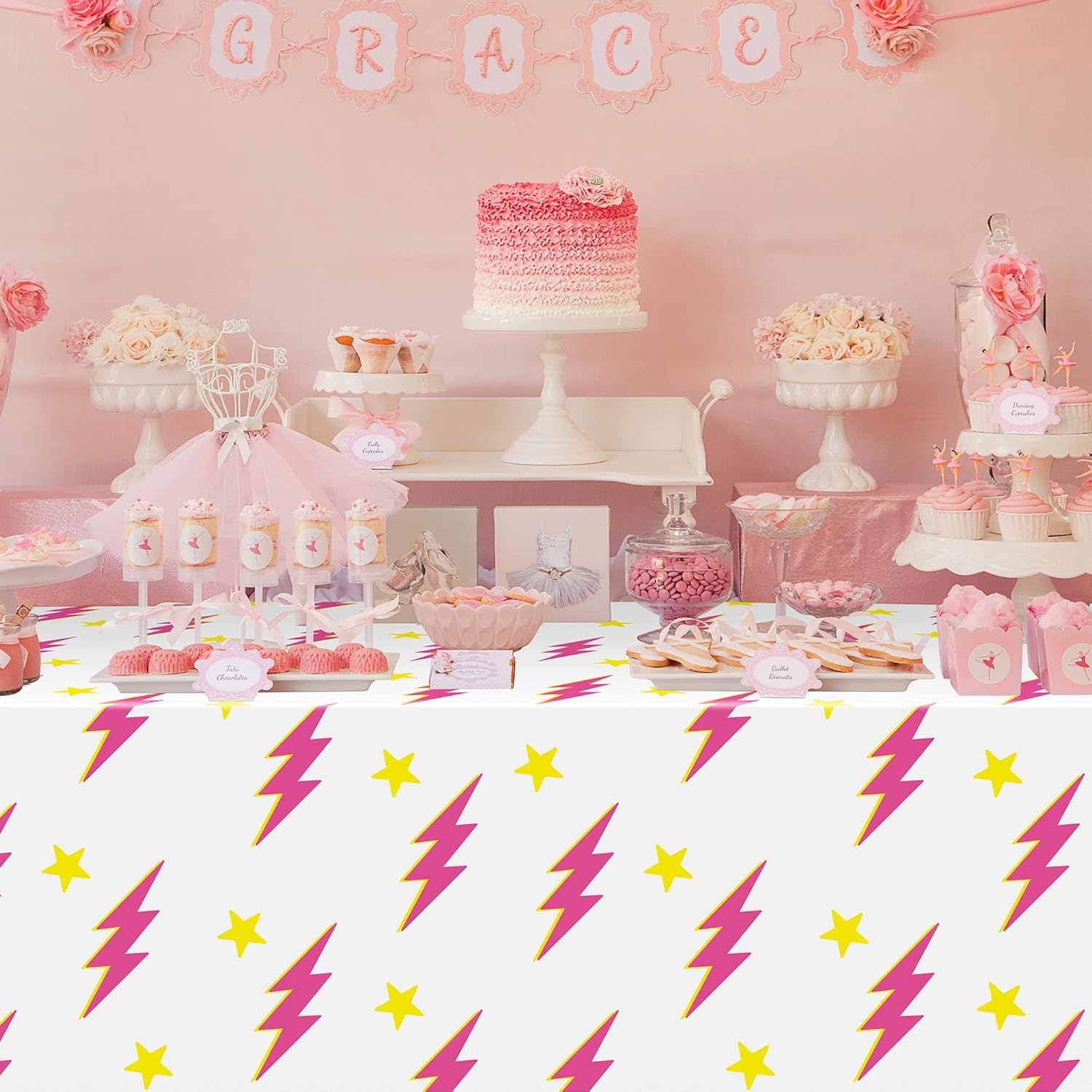 3Pcs Preppy Pink Lightning Bolt Tablecloths for Y2K Parties