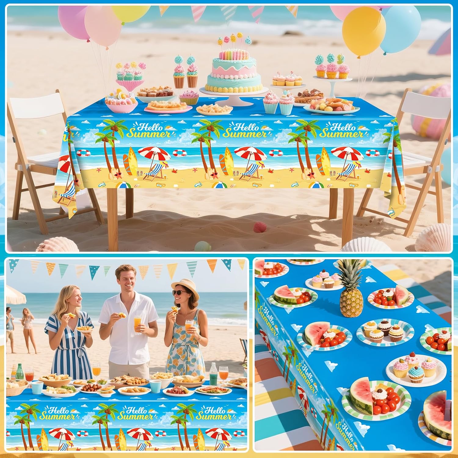 3pcs Beach Tablecloth Waterproof Summer Table Cover for Birthday Party