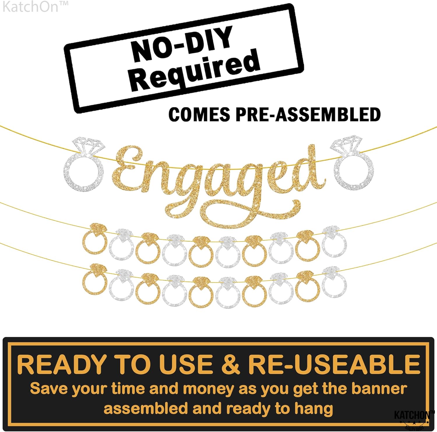 KatchOn Gold and Silver Glitter Engagement Banner - 10 Feet 2 Strings No DIY