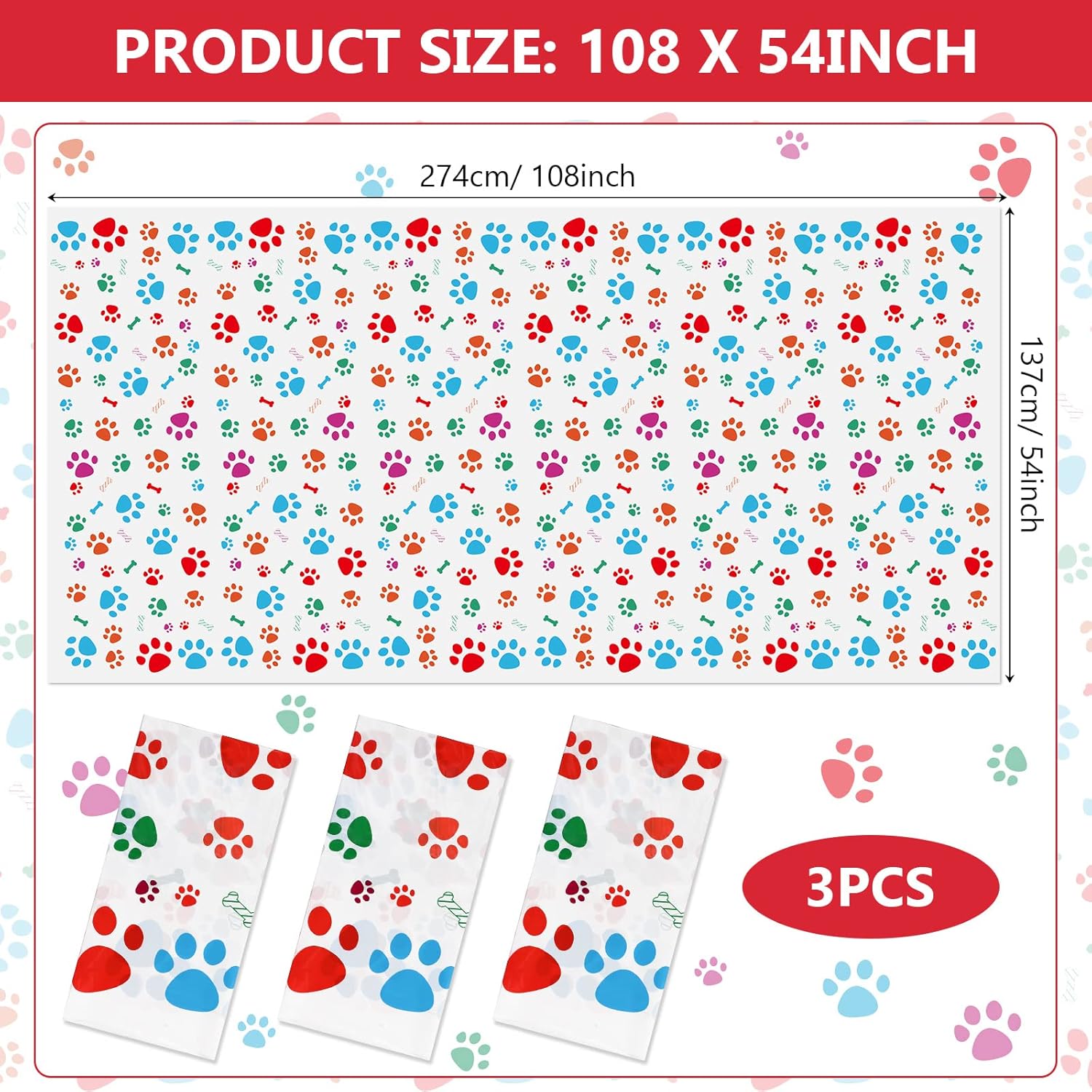 Tegeme 3 Pcs Dog Paw Print Tablecloth 54x108 Inch