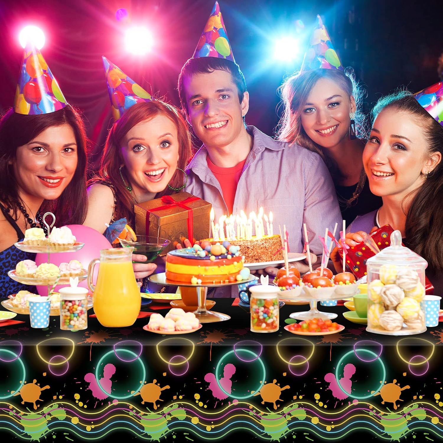 Tatuo 3 Pcs Neon Tablecloths 54x108 Inches Glow in the Dark Party Covers