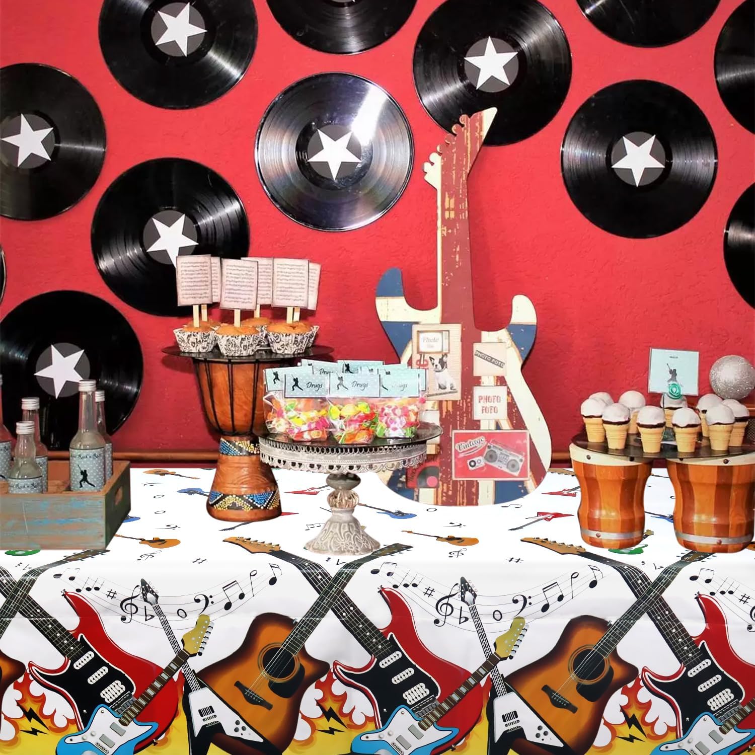 4 Pack Music Theme Party Tablecloths with Guitar Design