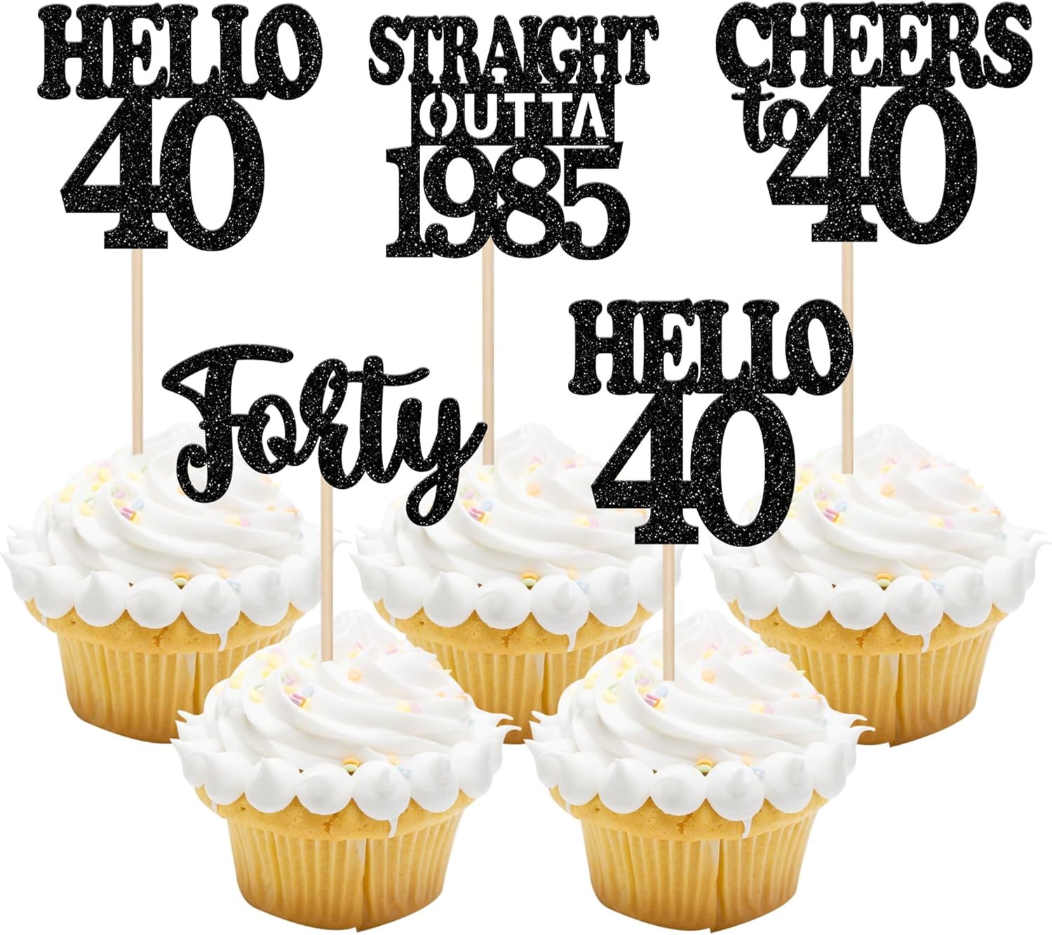 36PCS Happy 40th Birthday Cupcake Toppers Black Glitter