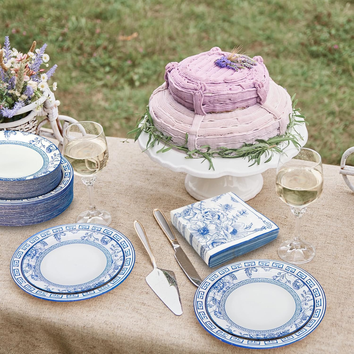 180PCS Blue White Floral Party Supplies Serve 60