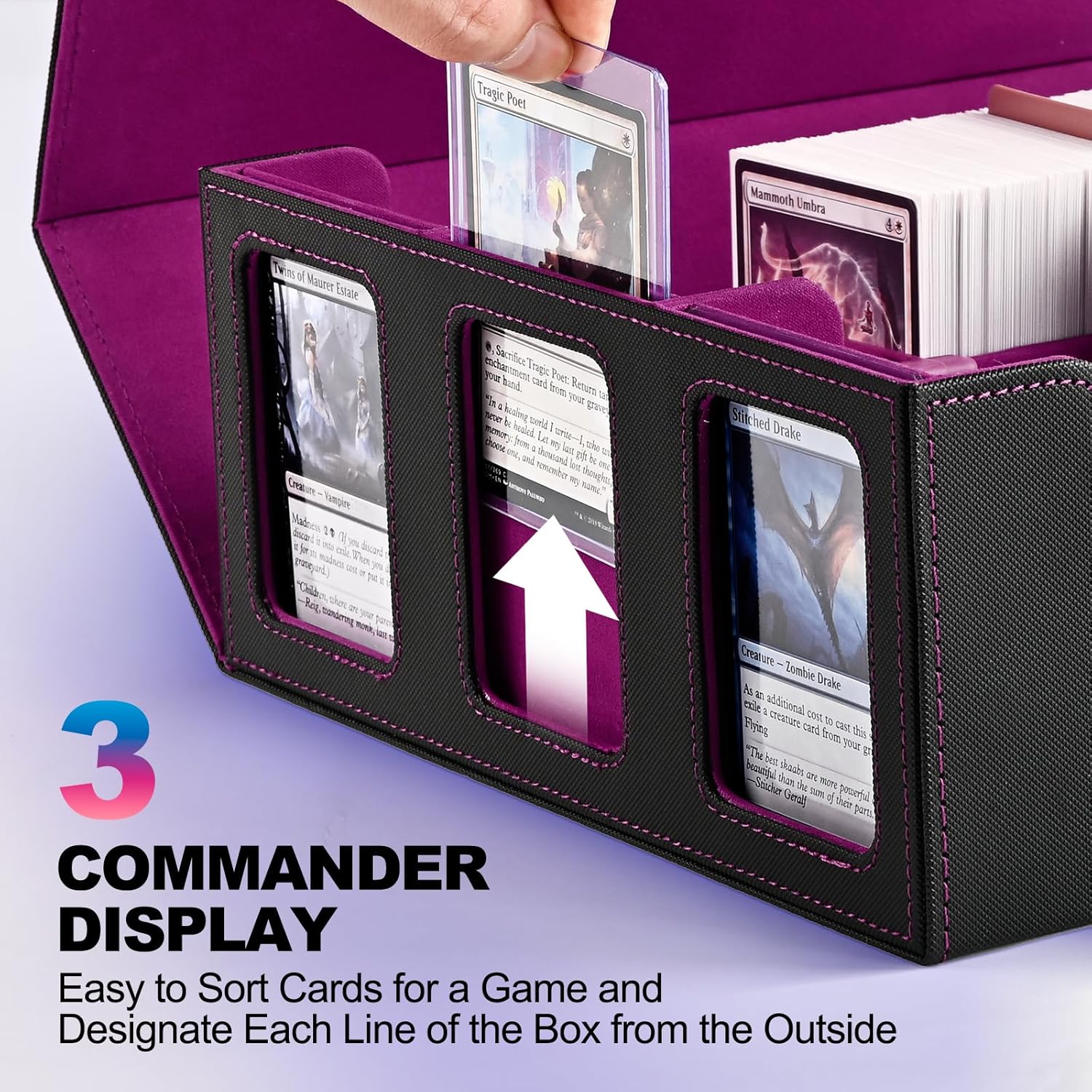 UAONO Card Storage Box with Display Window and 10 Dividers - Black Purple