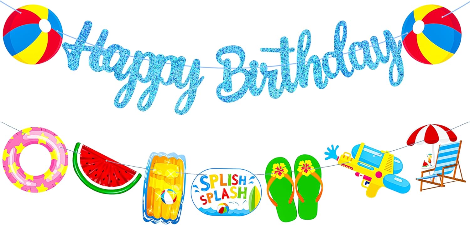 Glitter Blue Pool Birthday Banners with Cutouts