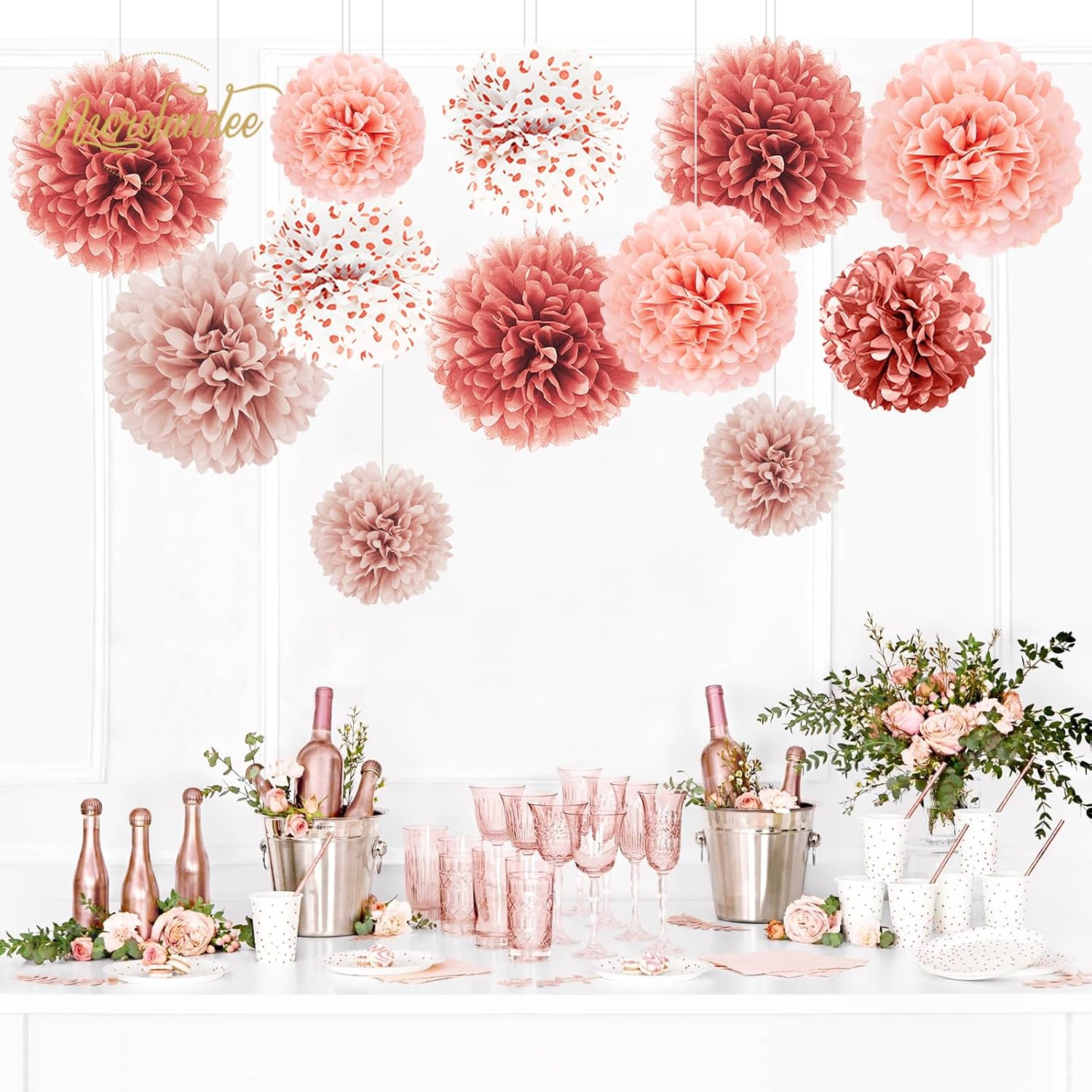 NICROLANDEE Rose Gold Tissue Paper Pom Poms 12PCS