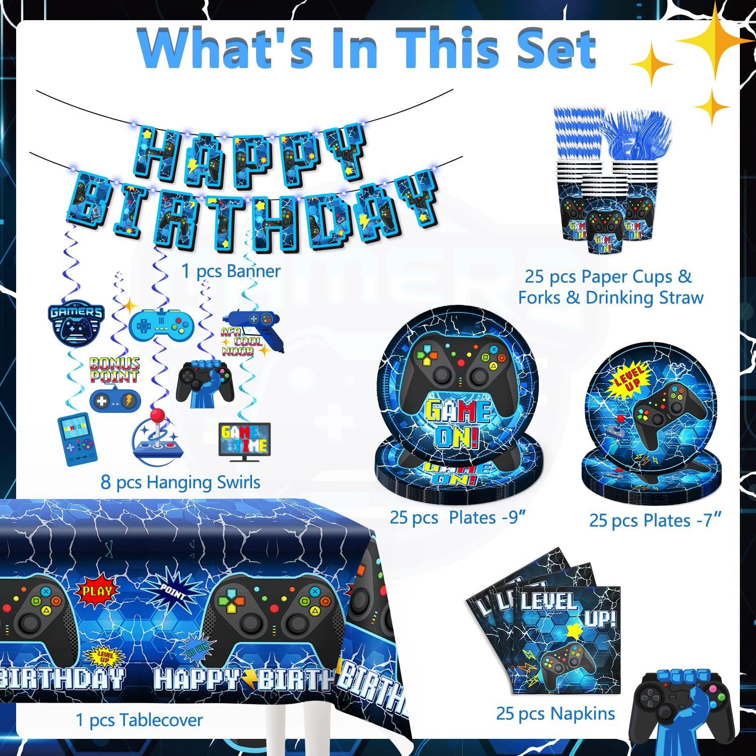 Gaming Birthday Tableware Set - 159pc Eco-Friendly Disposable Kit for 25 Guests