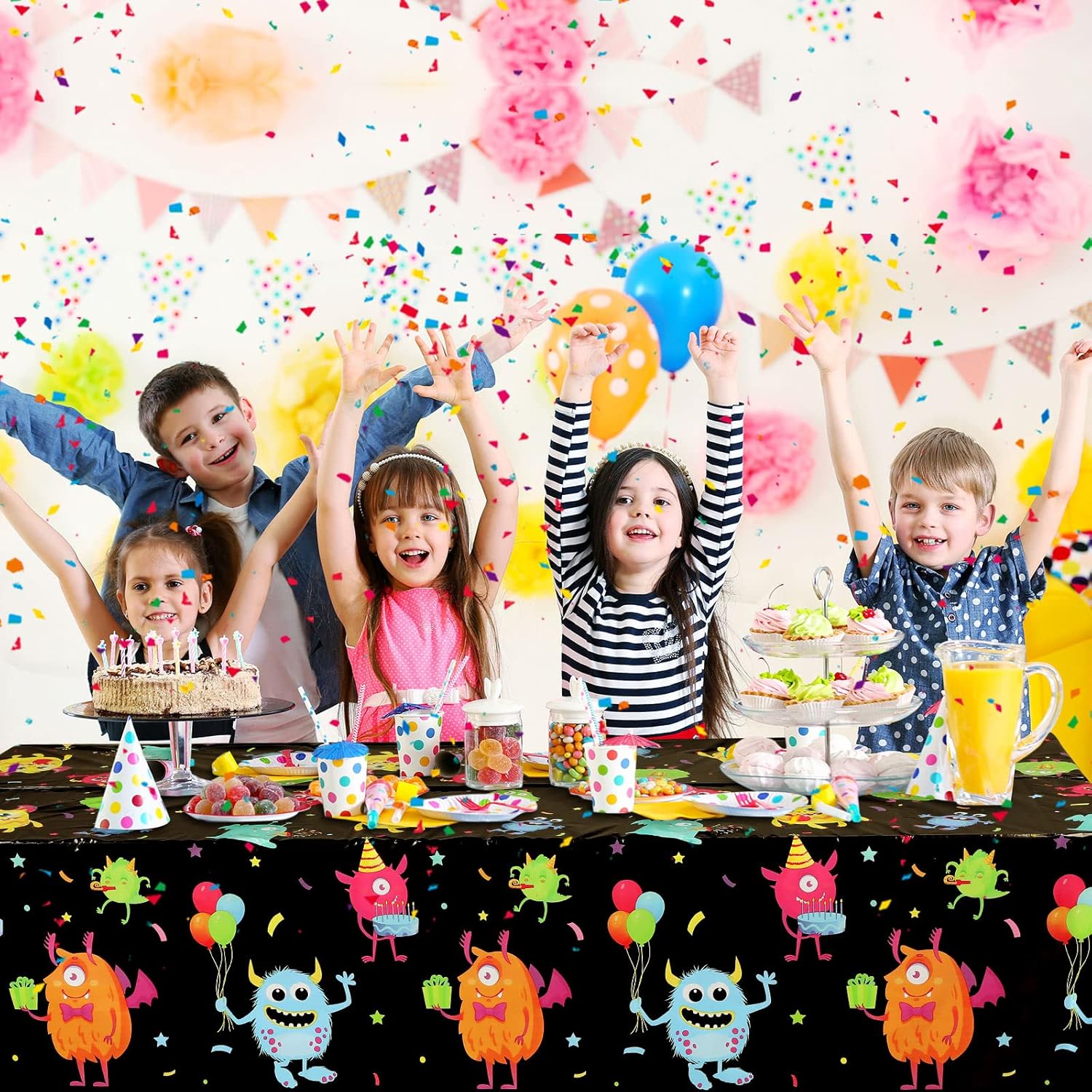 Buryeah 3 Piece Monster Table Cover for Kids Birthday Party