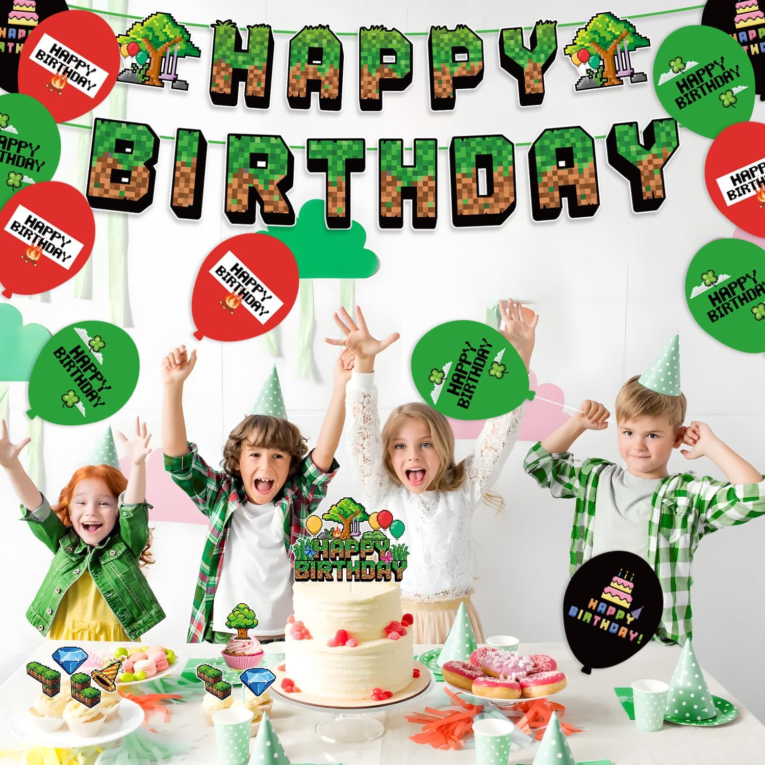 Green and Brown Gaming Birthday Party Decorations 32pcs