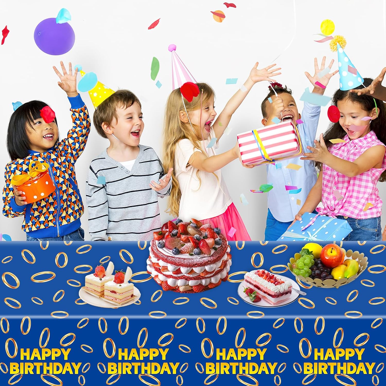3 Pcs Blue with Gold Ring Print Tablecloth for Birthday Parties