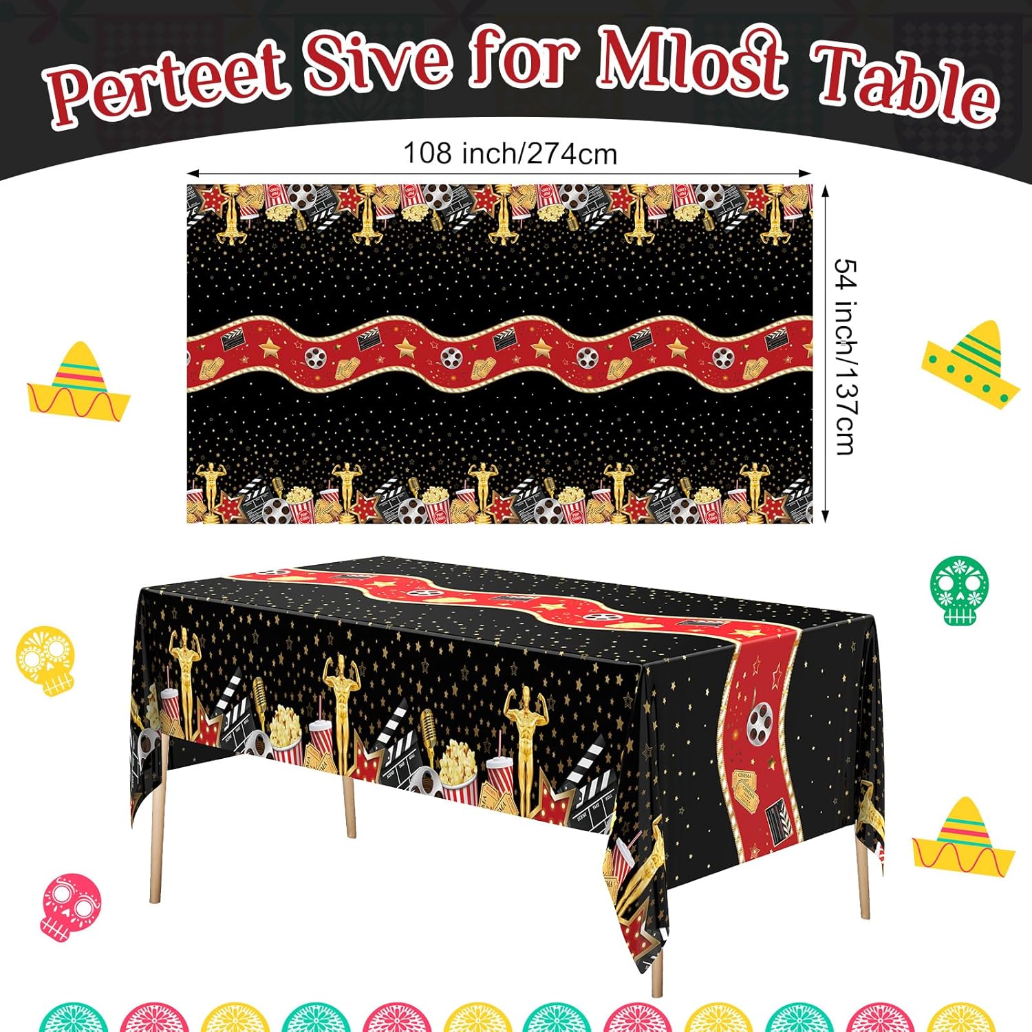 Oudain 6 Pcs Movie Night Tablecloth Set Black